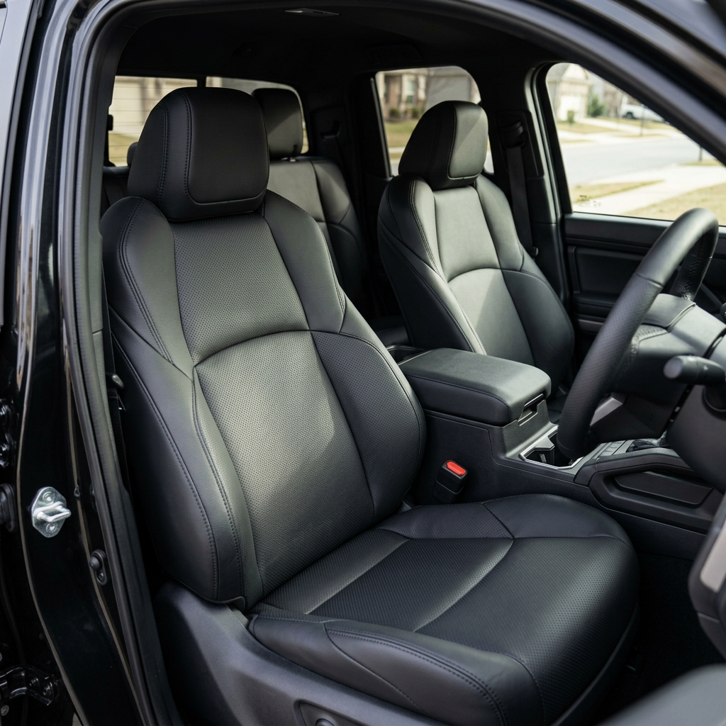  Front in-cabin view of a 2024–2026 Toyota Tacoma Hybrid with an installed Leatherteck leather seat upholstery kit in black, featuring perforated body inserts, perforated accent panels, and black stitching, photographed from the open driver-side door showing the driver and passenger bucket seats, headrests, center console/armrest, and a partial view of the steering wheel.