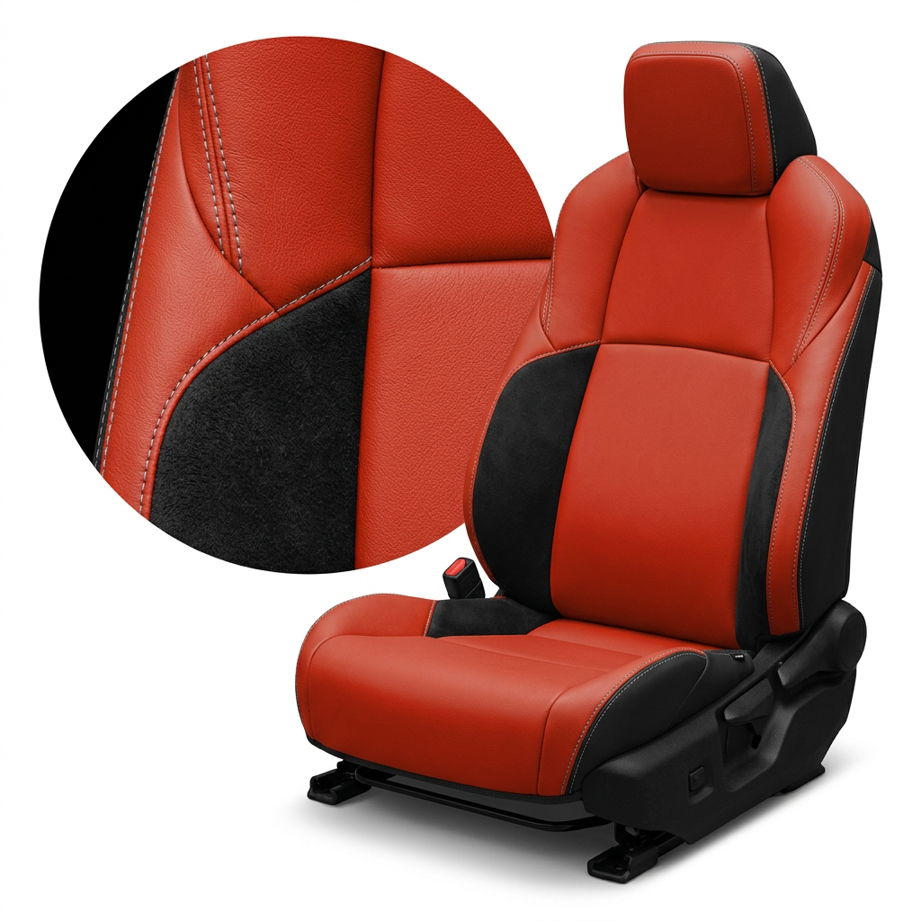 Close-up product image of a 2024–2026 Toyota Tacoma Hybrid Leatherteck leather seat upholstery kit in black with salsa red facing panels, featuring black automotive suede accent panels and silver contrast stitching, shown on a white background with a circular zoom inset highlighting the leather grain, suede texture, and double-stitched seam detail.

