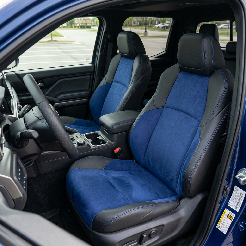  Front in-cabin view of a 2024–2026 Toyota Tacoma Hybrid with an installed Leatherteck leather seat upholstery kit in black featuring sapphire blue automotive suede body inserts, sapphire blue suede accent panels, and royal blue contrast stitching, photographed from the open driver-side door showing the driver and passenger bucket seats, headrests, center console/armrest with cupholders, and a partial view of the steering wheel and dashboard.