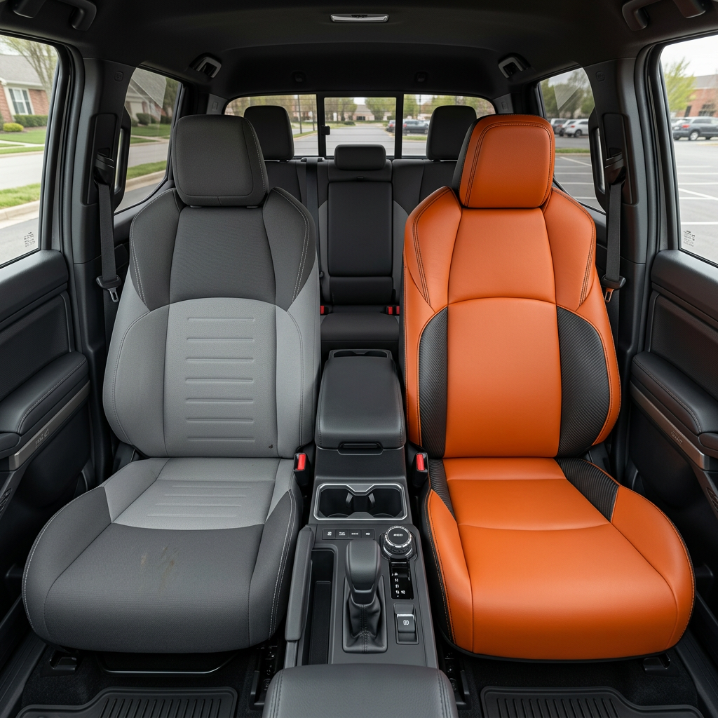  Before-and-after front in-cabin view of a 2024–2026 Toyota Tacoma Hybrid split side-by-side: the left front seat shows factory gray cloth upholstery, while the right front seat shows the upgraded Leatherteck kit in black with tangerine orange facing panels, black carbon fiber-style accent panels, and black contrast stitching, with the center console/shifter and cupholders and the rear bench seat visible in the background.