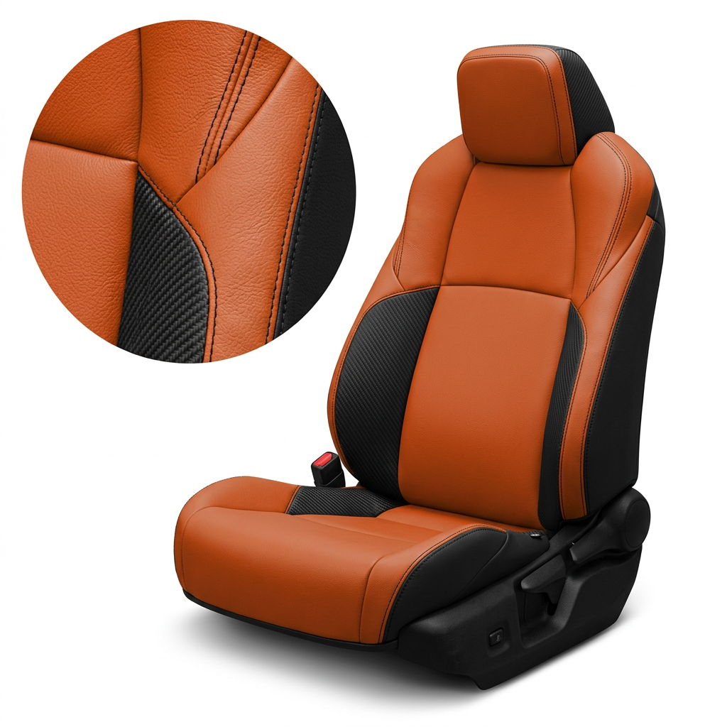 Close-up product image of a 2024–2026 Toyota Tacoma Hybrid Leatherteck leather seat upholstery kit in black with tangerine orange facing panels, black carbon fiber-style accent panels, and black contrast stitching, shown on a white background with a circular zoom inset highlighting the leather grain, carbon-fiber texture, and stitched seam detail.

