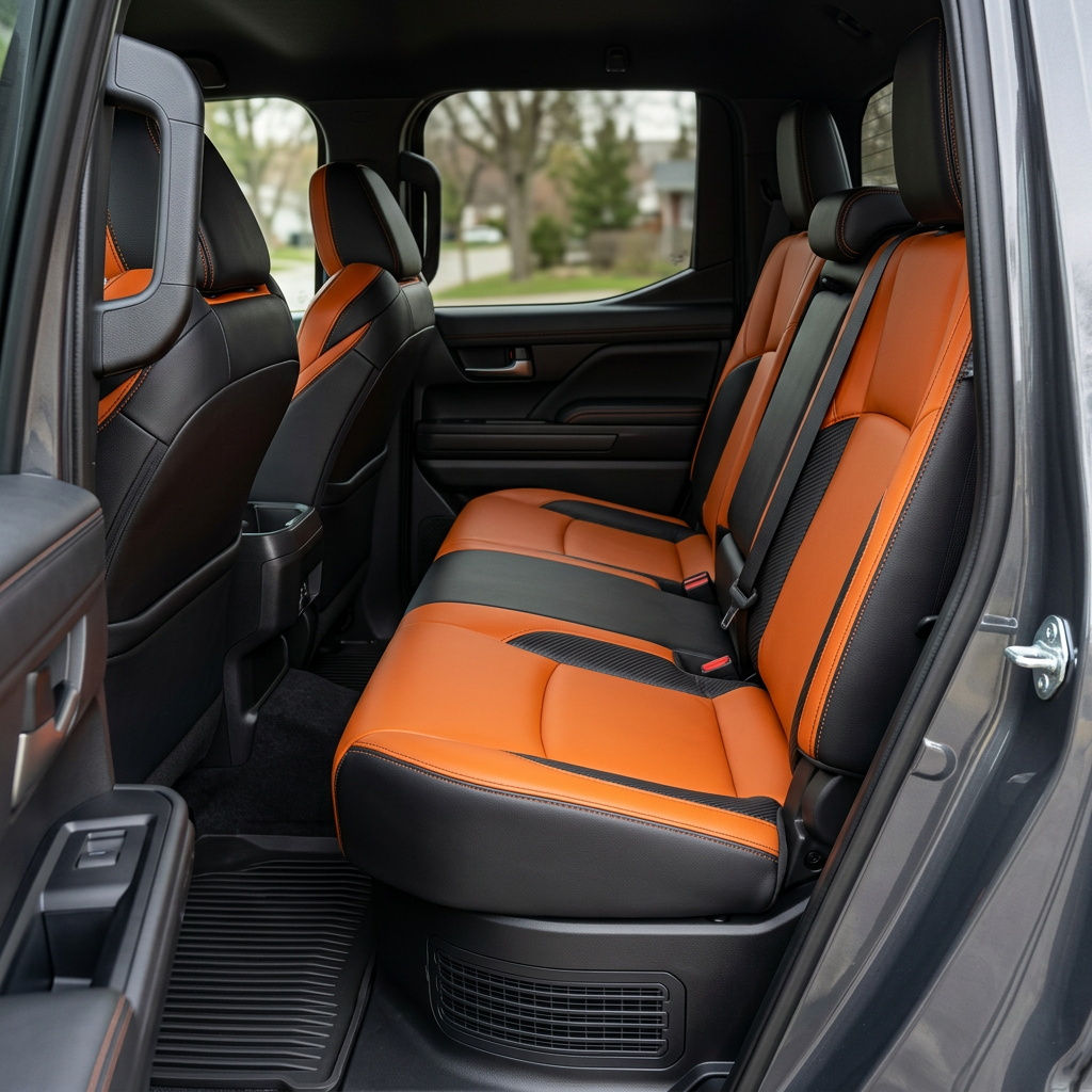  Rear in-cabin view of a 2024–2026 Toyota Tacoma Hybrid with an installed Leatherteck leather seat upholstery kit in black featuring tangerine orange facing panels, black carbon fiber-style accent panels, and black contrast stitching, photographed through the open rear door showing the rear bench seat, seatbelts/buckles, rear door panel, front seatbacks, rear console air vents, and a black all-weather floor liner.

