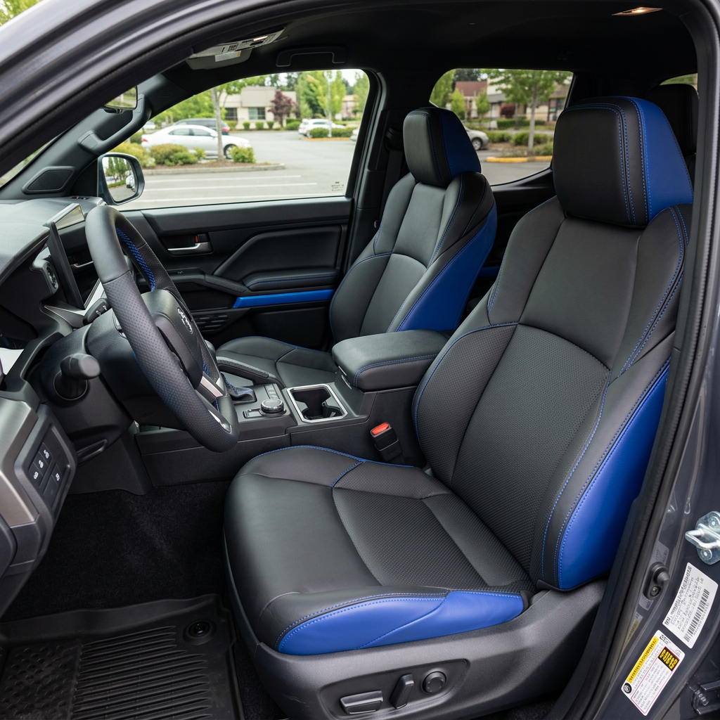  Front in-cabin view of a 2024–2026 Toyota Tacoma Hybrid with an installed Leatherteck leather seat upholstery kit in cobalt blue with black front-facing seat panels, perforated cobalt blue center inserts, perforated cobalt blue accent panels, and cobalt blue contrast stitching, shown from the open driver-side door with the front bucket seats, headrests, center console/armrest, cupholders, steering wheel, door panel, and floor mat visible.


