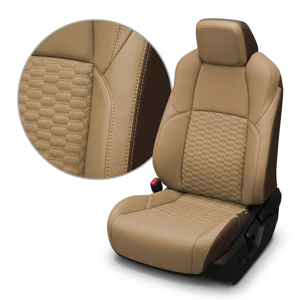  Close-up product image of a 2024–2026 Toyota Tacoma Hybrid Leatherteck leather seat upholstery kit in coffee brown with cream facing panels, featuring Mayan gold contrast stitching and Mayan gold double hexagon-stitched center inserts, shown on a white background with a circular zoom inset highlighting the leather grain, perforated double hexagon pattern, and stitched seam detail.