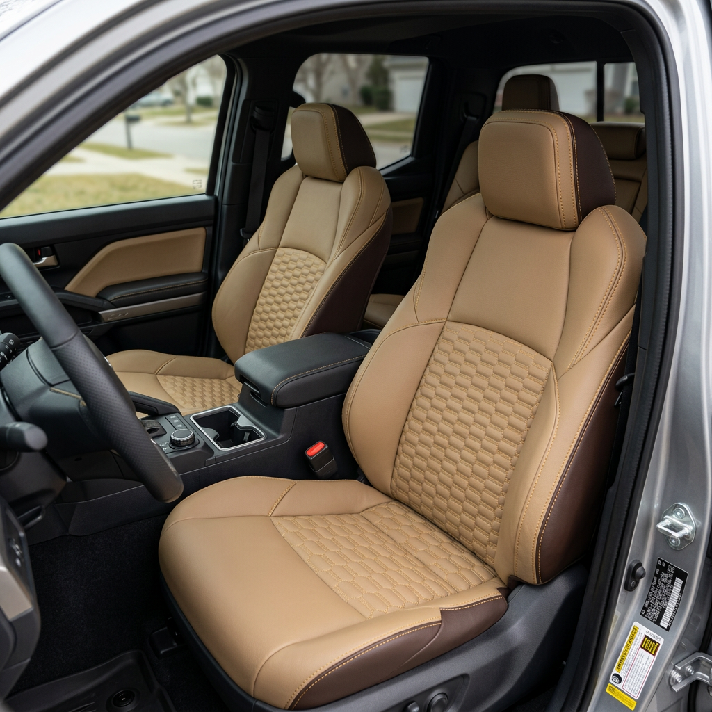 Front in-cabin view of a 2024–2026 Toyota Tacoma Hybrid with an installed Leatherteck leather seat upholstery kit in coffee brown with cream facing panels, Mayan gold contrast stitching, and Mayan gold double hexagon-stitched center inserts, shown from the open driver-side door with the front bucket seats, headrests, center console/armrest, cupholders, steering wheel, and matching door panel trim visible.