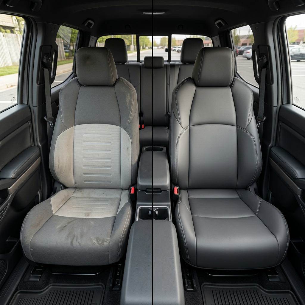 Before-and-after front in-cabin view of a 2024–2026 Toyota Tacoma Hybrid split down the middle: the left front seat shows the factory gray cloth upholstery, while the right front seat shows the upgraded Leatherteck leather seat upholstery kit in Ice Grey with black front-facing seat panels and Stone contrast stitching, with the center console, cupholders, rear bench seat, headrests, seatbelts, door panels, and black floor liners visible.