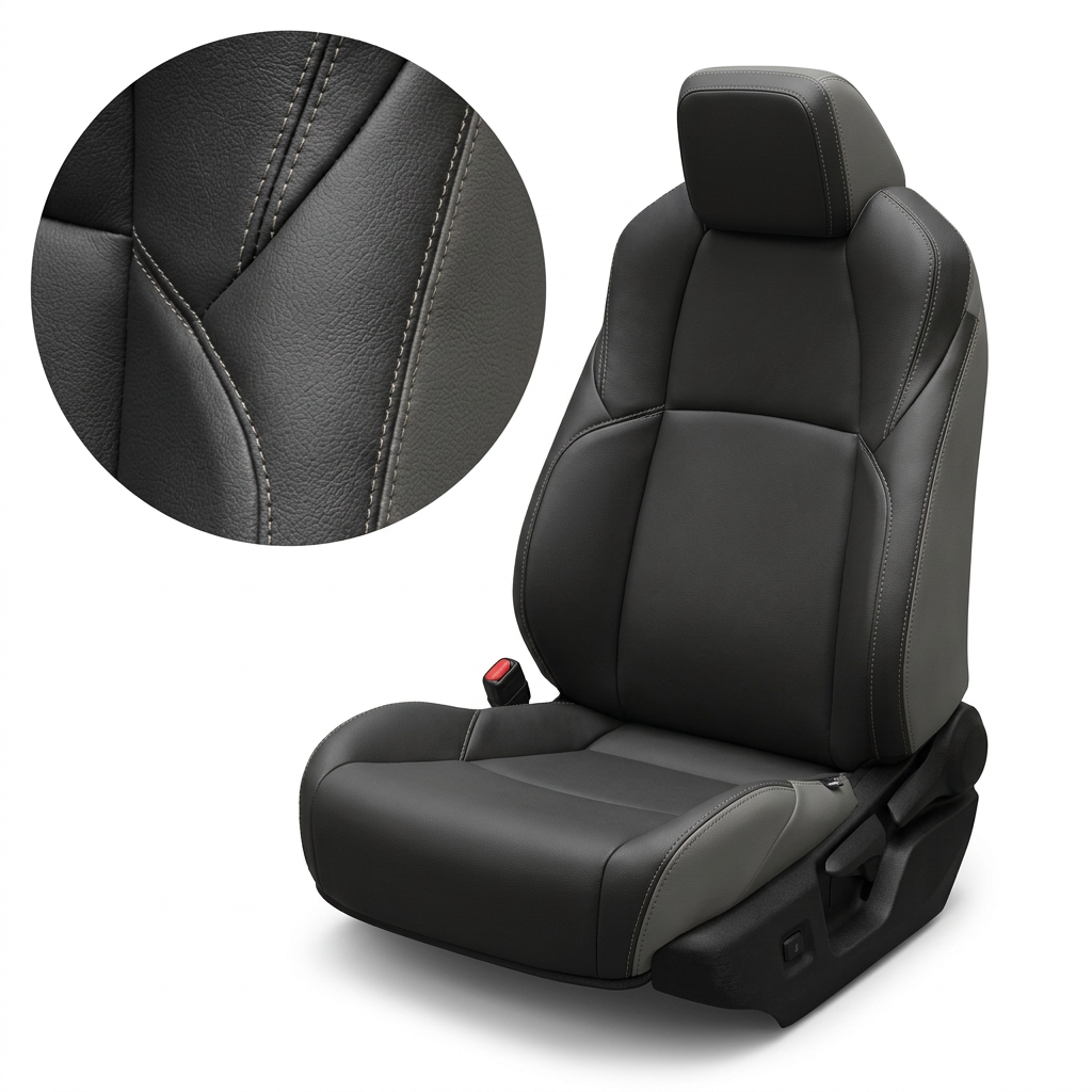 Close-up product image of a 2024–2026 Toyota Tacoma Hybrid Leatherteck leather seat upholstery kit in Ice Grey with black front-facing seat panels and Stone contrast stitching, shown on a white background with a circular zoom inset highlighting the leather grain, panel seams, and double-stitched contrast seam detail.


