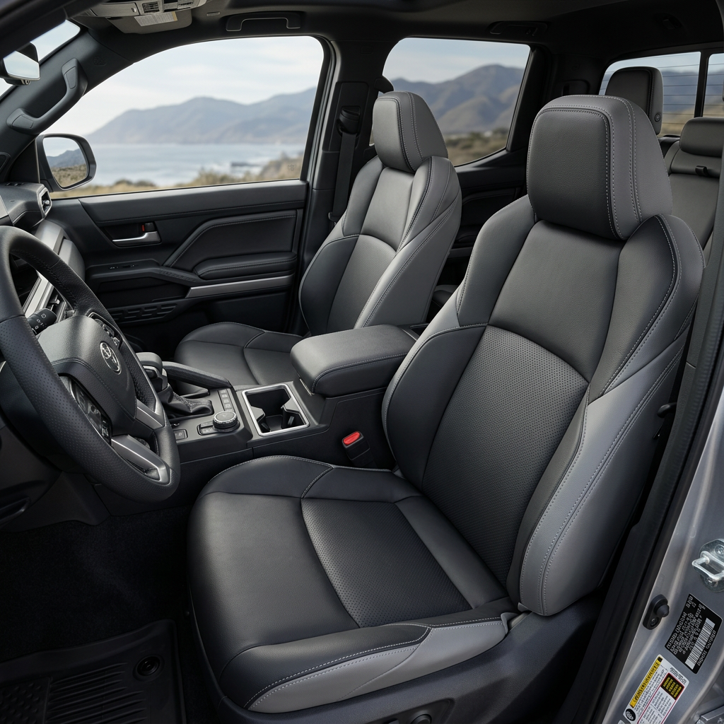  Front in-cabin view of a 2024–2026 Toyota Tacoma Hybrid with an installed Leatherteck leather seat upholstery kit in Ice Grey with black front-facing seat panels and Stone contrast stitching, shown from the open driver-side door with the front bucket seats, headrests, steering wheel, center console/armrest, cupholders, door panel, and black floor mat visible.