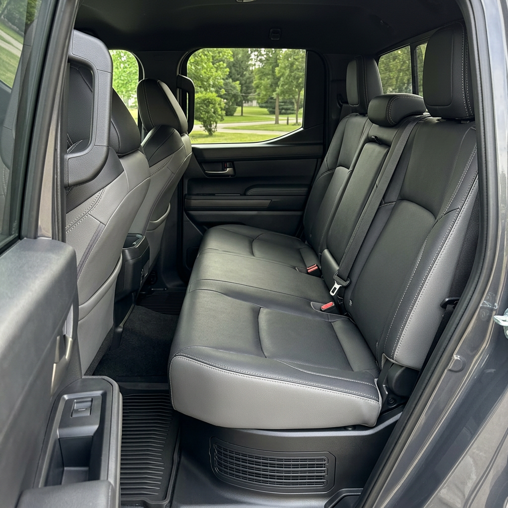  Rear in-cabin view of a 2024–2026 Toyota Tacoma Hybrid with an installed Leatherteck leather seat upholstery kit in Ice Grey with black front-facing seat panels and Stone contrast stitching, shown through the open rear door with the rear bench seat, headrests, seatbelts/buckles, front seatbacks, rear door panel, and black all-weather floor liner visible.

