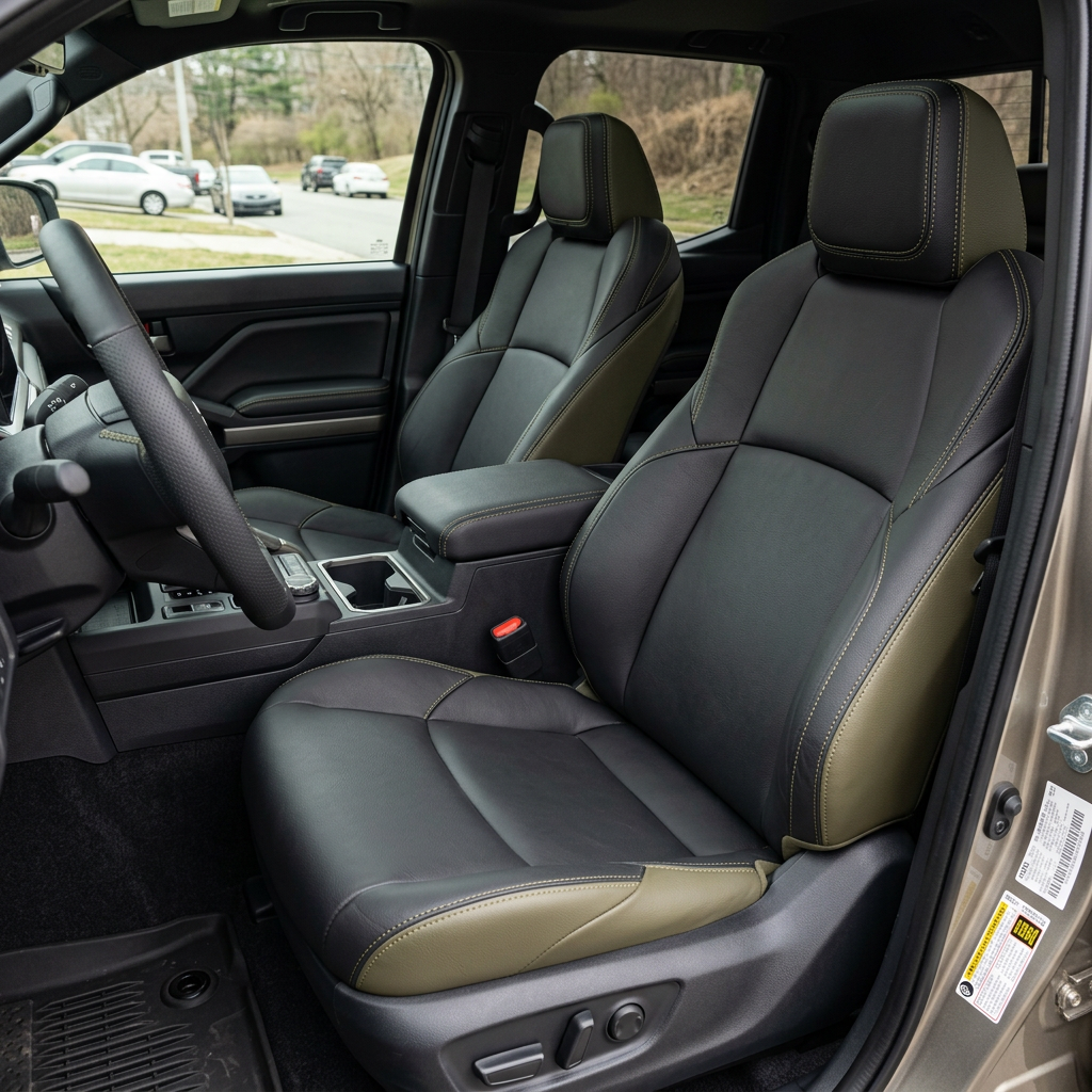 Front in-cabin view of a 2024–2026 Toyota Tacoma Hybrid with an installed Leatherteck leather seat upholstery kit in olive with black front-facing seat panels and olive contrast stitching, shown from the open driver-side door with the front bucket seats, headrests, center console/armrest, cupholders, steering wheel, door panel, and floor mat visible.