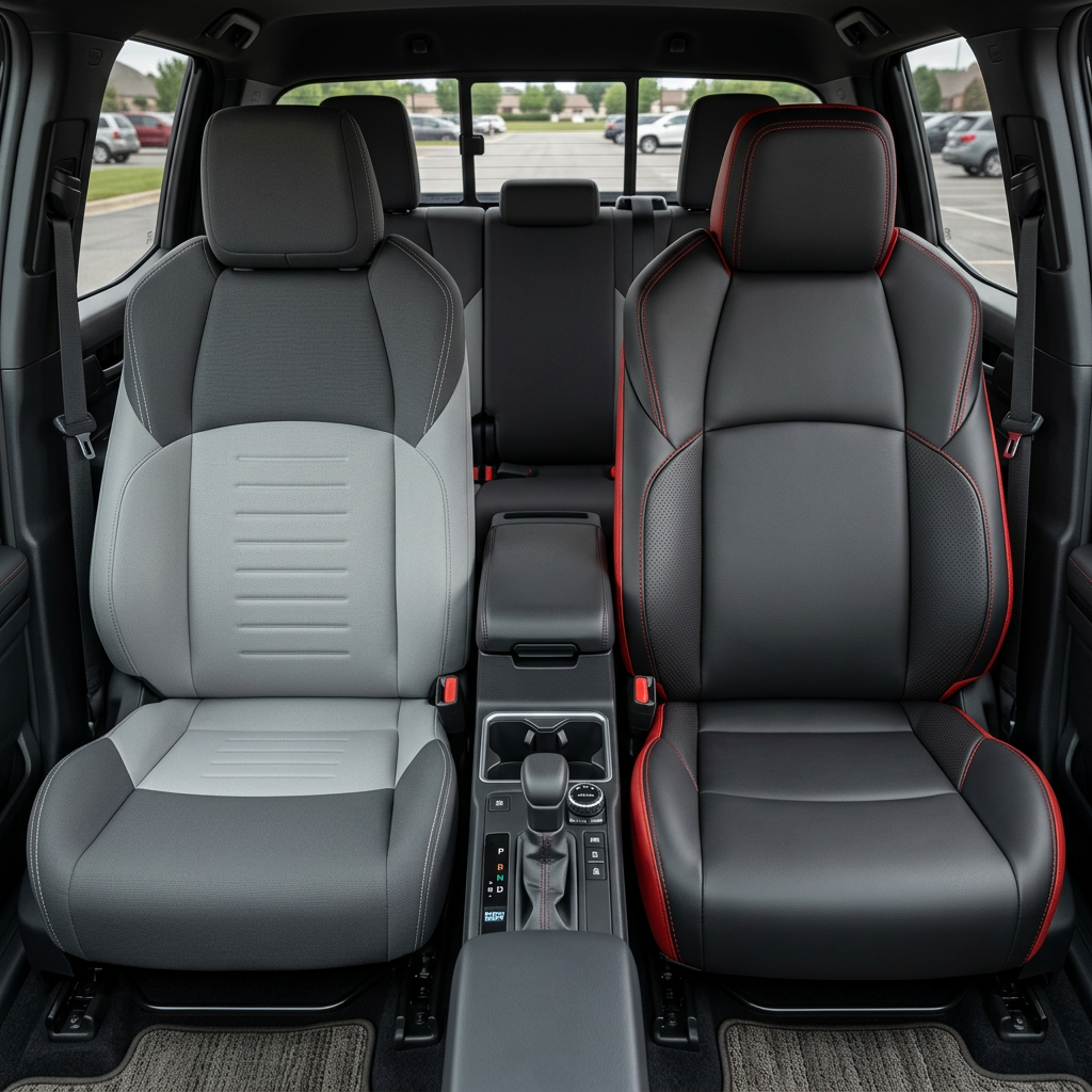  Before-and-after front in-cabin view of a 2024–2026 Toyota Tacoma Hybrid split down the middle: the left front seat shows the factory gray cloth upholstery, while the right front seat shows the upgraded Leatherteck leather seat upholstery kit in red with black front-facing seat panels, perforated red accent panels, and red contrast stitching, with the center console, cupholders, shifter, rear bench seat, headrests, seatbelts, and floor mats visible.

