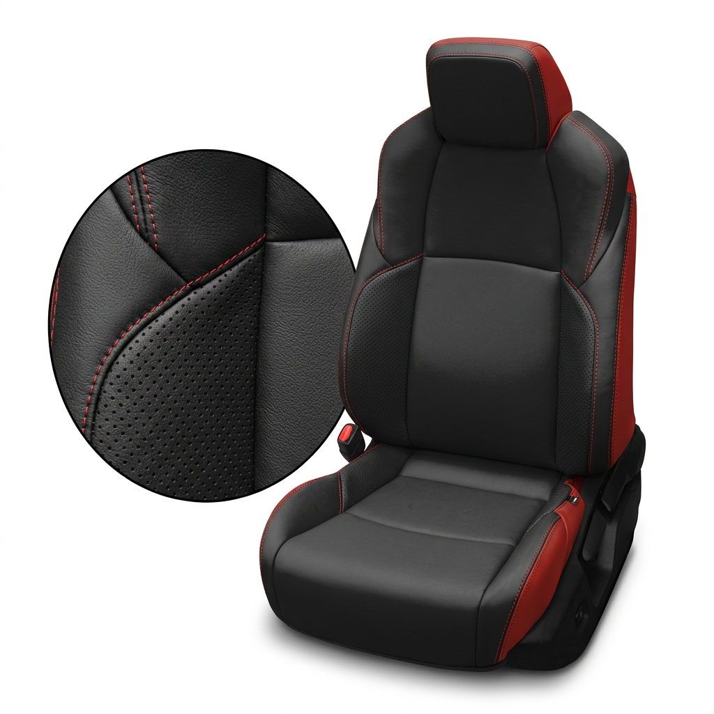  Close-up product image of a 2024–2026 Toyota Tacoma Hybrid Leatherteck leather seat upholstery kit in red with black front-facing seat panels, perforated red accent panels, and red contrast stitching, shown on a white background with a circular zoom inset highlighting the leather grain, perforation pattern, and double-stitched red seam detail.