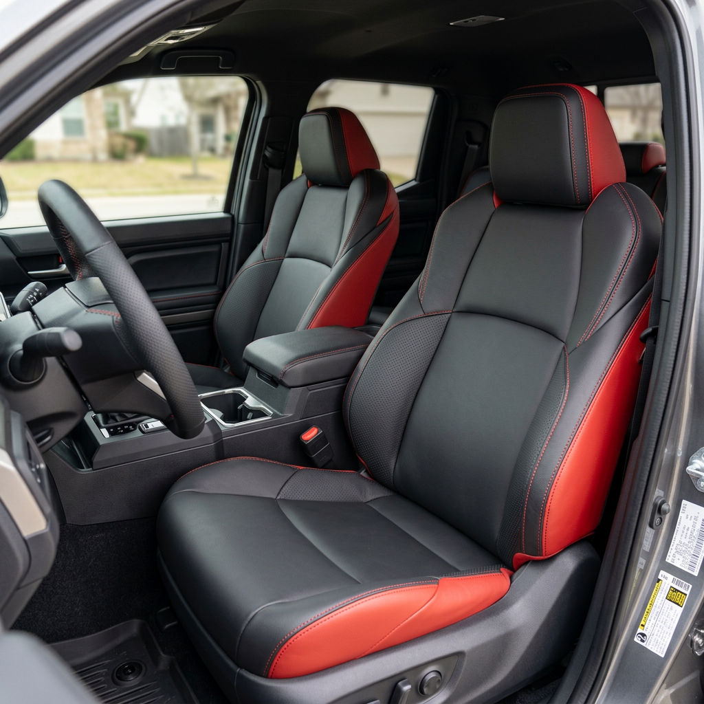 Front in-cabin view of a 2024–2026 Toyota Tacoma Hybrid with an installed Leatherteck leather seat upholstery kit in red with black front-facing seat panels, perforated red accent panels, and red contrast stitching, shown from the open driver-side door with the front bucket seats, headrests, center console/armrest, cupholders, steering wheel, door panel, and floor liner visible.