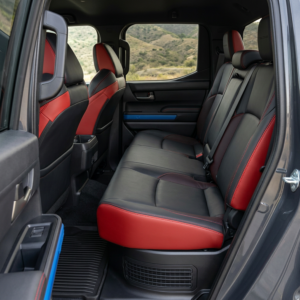 Rear in-cabin view of a 2024–2026 Toyota Tacoma Hybrid with an installed Leatherteck leather seat upholstery kit in red with black front-facing seat panels, perforated red accent panels, and red contrast stitching, shown through the open rear door with the rear bench seat, headrests, seatbelts/buckles, front seatbacks, rear door panel, and black floor liner visible.
