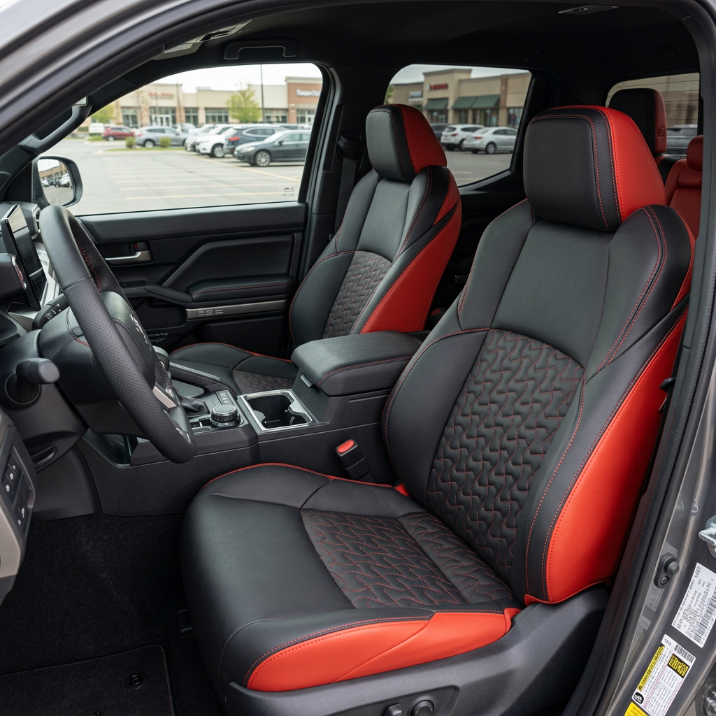 Front in-cabin view of a 2024–2026 Toyota Tacoma Hybrid with an installed Leatherteck leather seat upholstery kit in Salsa Red with black front-facing seat panels, black hourglass-stitched center inserts, and Salsa Red contrast stitching, shown from the open driver-side door with the front bucket seats, headrests, center console/armrest, cupholders, steering wheel, door panel, and black floor mat visible.

