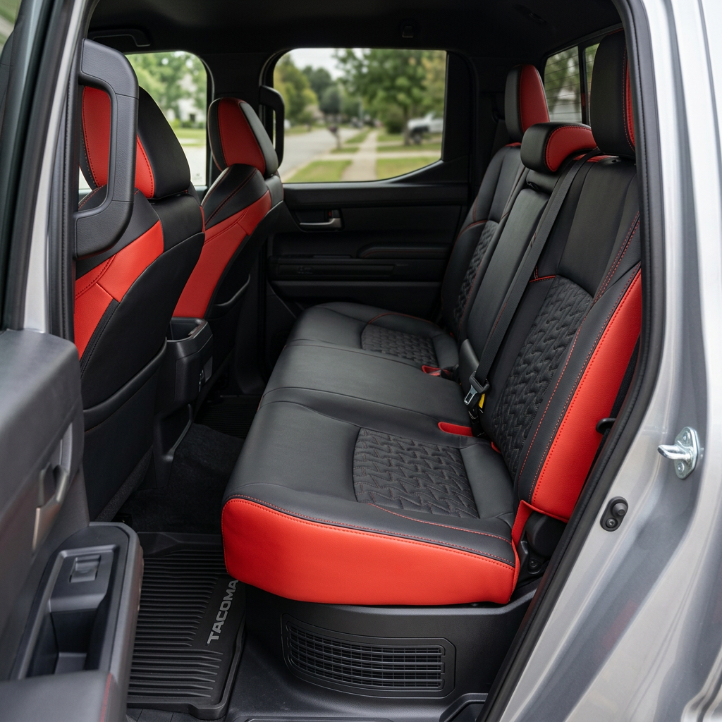 Rear in-cabin view of a 2024–2026 Toyota Tacoma Hybrid with an installed Leatherteck leather seat upholstery kit in Salsa Red with black front-facing seat panels, black hourglass-stitched center inserts, and Salsa Red contrast stitching, shown through the open rear door with the rear bench seat, headrests, seatbelts/buckles, front seatbacks, rear door panel, and black all-weather floor liner visible.