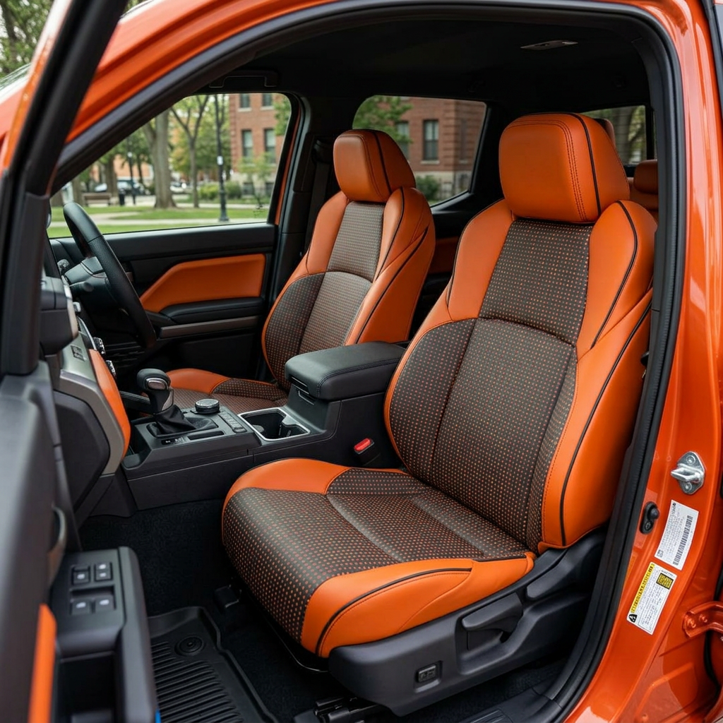  Front in-cabin view of a 2024–2026 Toyota Tacoma Hybrid with an installed Leatherteck leather seat upholstery kit in tangerine orange, featuring square-perforated orange body inserts, square-perforated orange accent panels, black contrast stitching, and black edge piping, photographed from the open driver-side door showing the driver and passenger bucket seats, headrests, and the center console with shifter and cupholders.