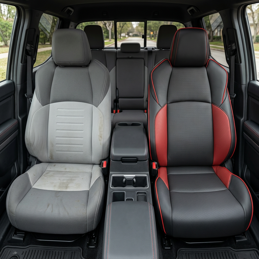 Before-and-after front in-cabin view of a 2024–2026 Toyota Tacoma SR5/TRD/Hybrid showing the factory gray cloth front seat on the left and the upgraded Leatherteck leather seat upholstery kit on the right in black with Carbon Crimson vinyl accent panels, Salsa stitching, and Salsa piping, with the center console, cupholders, armrest, rear bench seat, headrests, seatbelts, door panels, and floor mats visible.