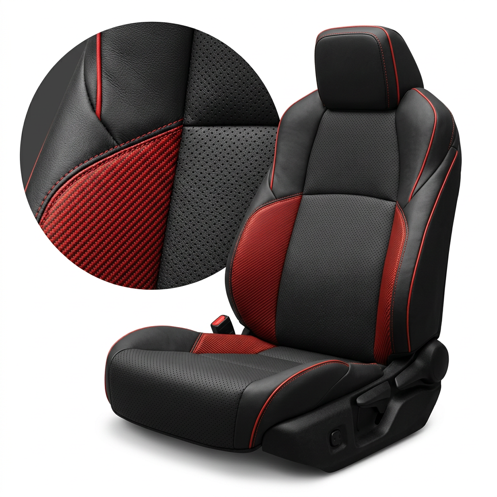 Close-up product image of a 2024–2026 Toyota Tacoma SR5/TRD/Hybrid Leatherteck leather seat upholstery kit in black with Carbon Crimson vinyl accent panels, Salsa stitching, and Salsa piping, shown on a white background with a circular zoom inset highlighting the black leather grain, perforated black center insert texture, red carbon-fiber-style vinyl accent, Salsa double-stitching, and Salsa edge piping.

