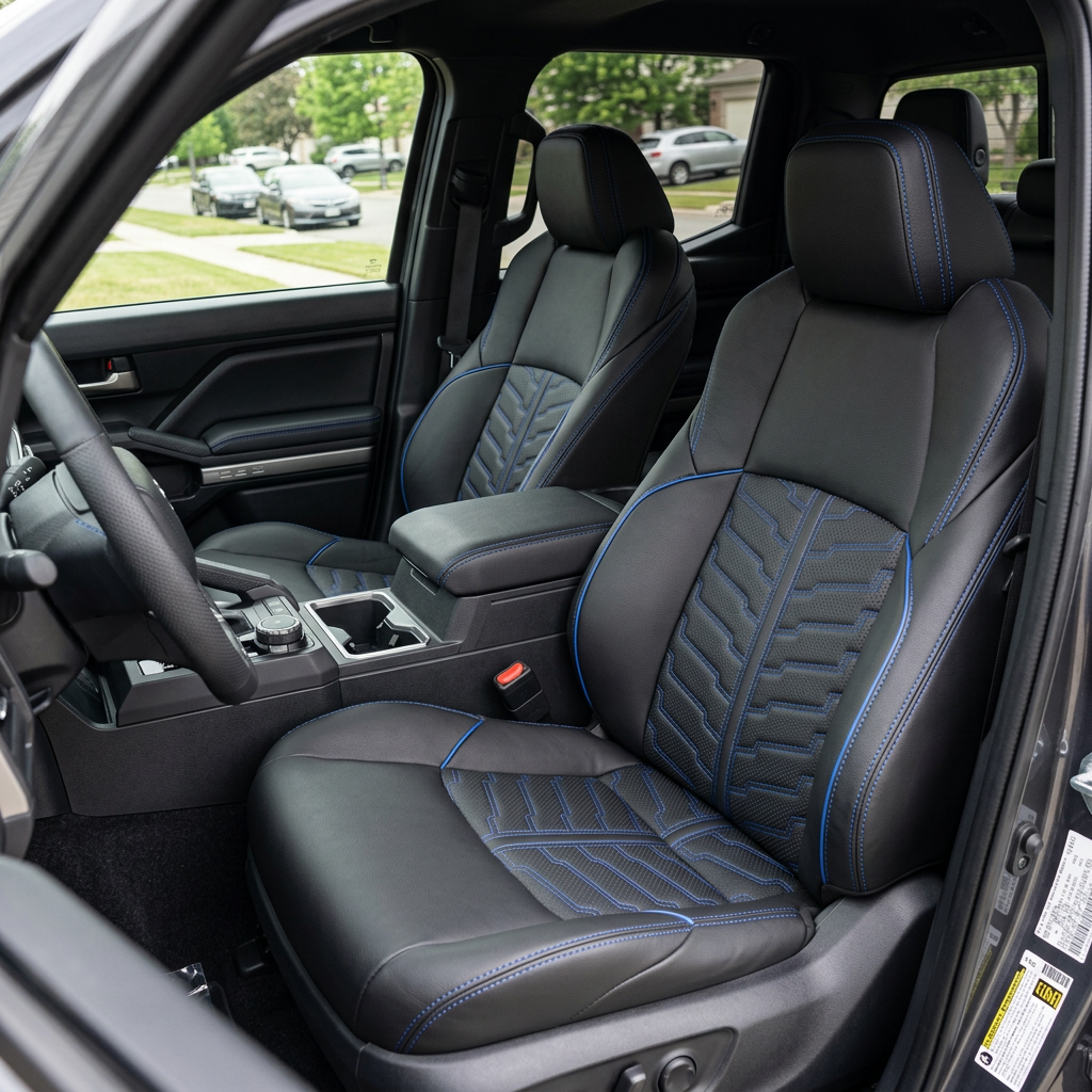 Front in-cabin view of a 2024–2026 Toyota Tacoma SR5/TRD/Hybrid with an installed Leatherteck leather seat upholstery kit in black featuring Cobalt stitching, Cobalt piping, and Cobalt ElektriTek insert panels, shown from the open driver-side door with the front bucket seats, headrests, steering wheel, center console/armrest, cupholders, gear shifter, door panel, and black floor mat visible.