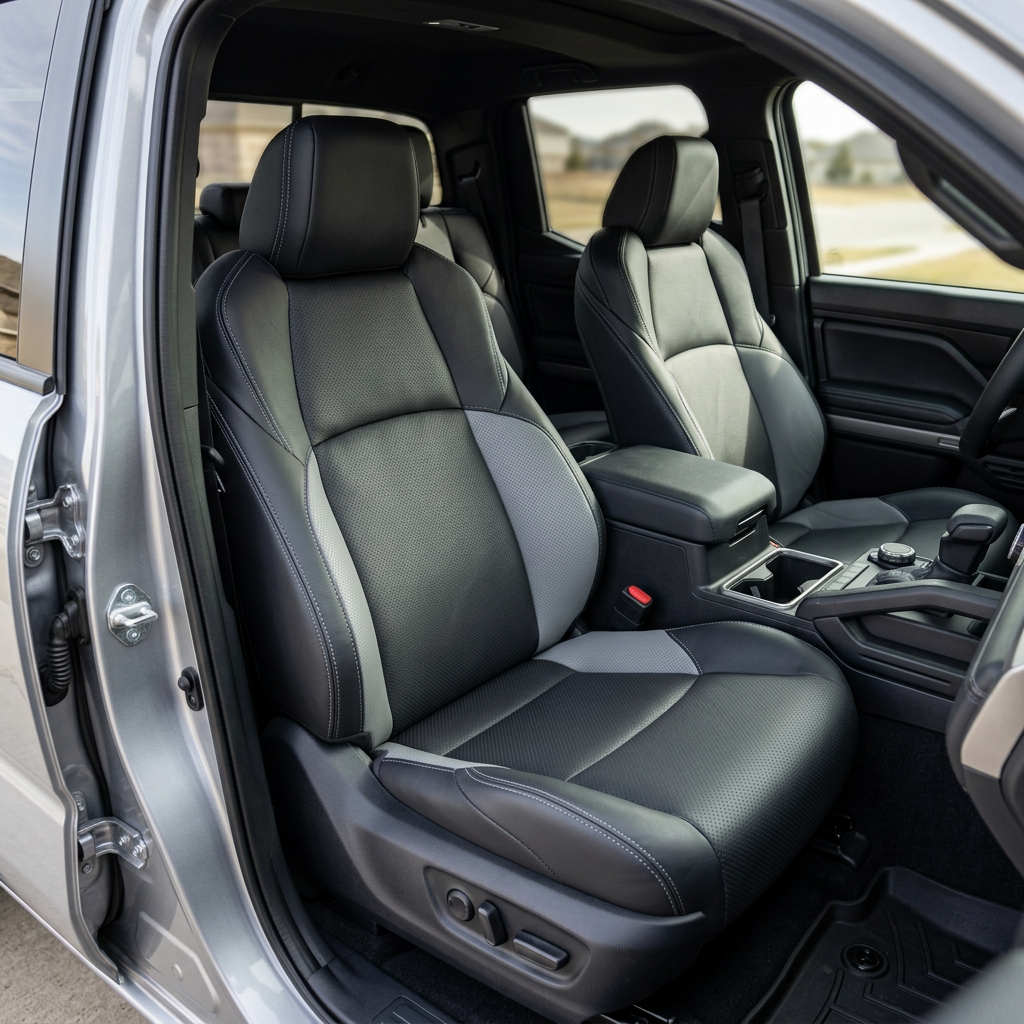 Front in-cabin view of a 2024–2026 Toyota Tacoma SR5/TRD/Hybrid with an installed Leatherteck leather seat upholstery kit in black with perforated black body inserts, Ice Grey accent panels, and Ice Grey contrast stitching, shown from the open driver-side door with the front bucket seats, headrests, center console/armrest, cupholders, gear shifter, door panel, and black floor liner visible.
