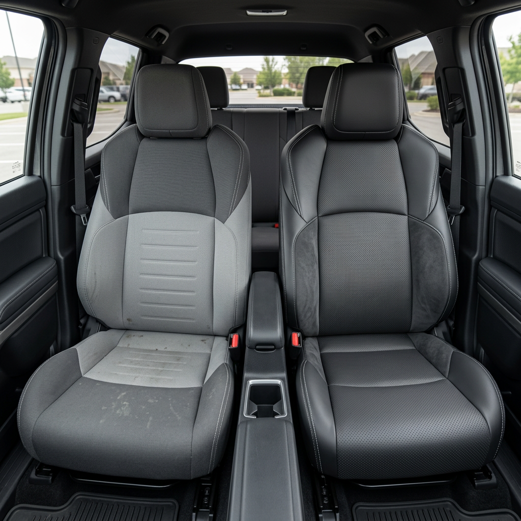  Before-and-after front in-cabin view of a 2024–2026 Toyota Tacoma SR5/TRD/Hybrid split side-by-side: the left front seat shows the factory gray cloth upholstery, while the right front seat shows the upgraded Leatherteck leather seat upholstery kit in black with perforated black inserts, Dark Slate suede accent panels, and silver stitching, with the center console, cupholder, rear bench seat, headrests, seatbelts, door panels, and black floor liners visible.

