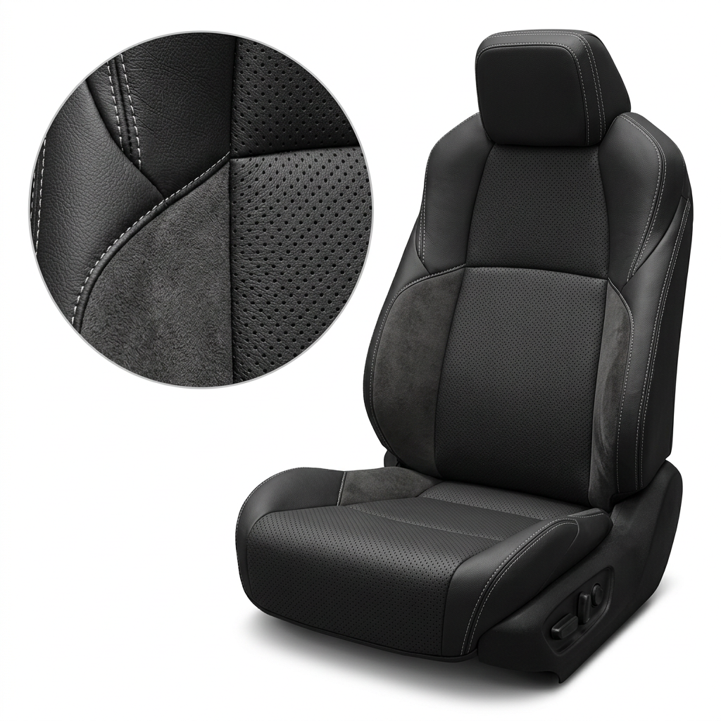  Close-up product image of a 2024–2026 Toyota Tacoma SR5/TRD/Hybrid Leatherteck leather seat upholstery kit in black with perforated black inserts, Dark Slate suede accent panels, and silver stitching, shown on a white background with a circular zoom inset highlighting the black leather grain, perforation pattern, Dark Slate suede texture, and double-stitched seam detail.
