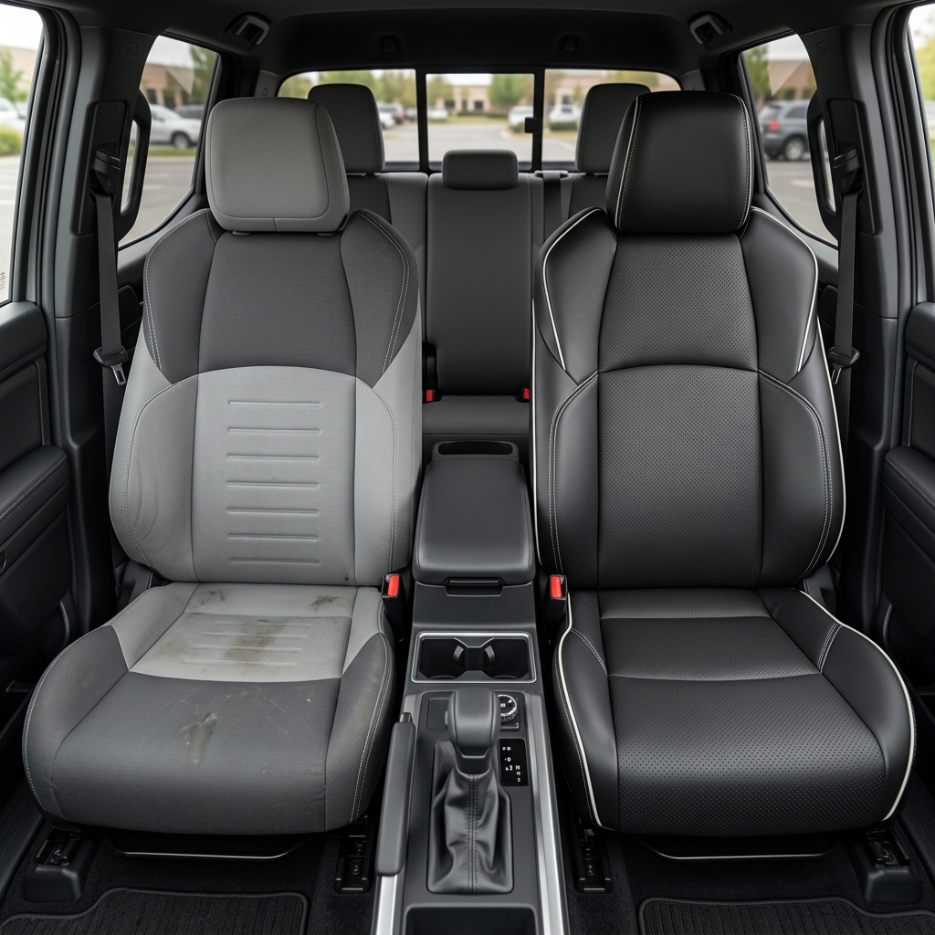 Before-and-after front in-cabin view of a 2024–2026 Toyota Tacoma SR5/TRD/Hybrid split side-by-side: the left front seat shows the factory gray cloth upholstery, while the right front seat shows the upgraded Leatherteck leather seat upholstery kit in black with perforated black inserts, Pearl White stitching, and Pearl White piping, with the center console, gear shifter, cupholders, rear bench seat, headrests, door panels, seatbelts, and floor mats visible.