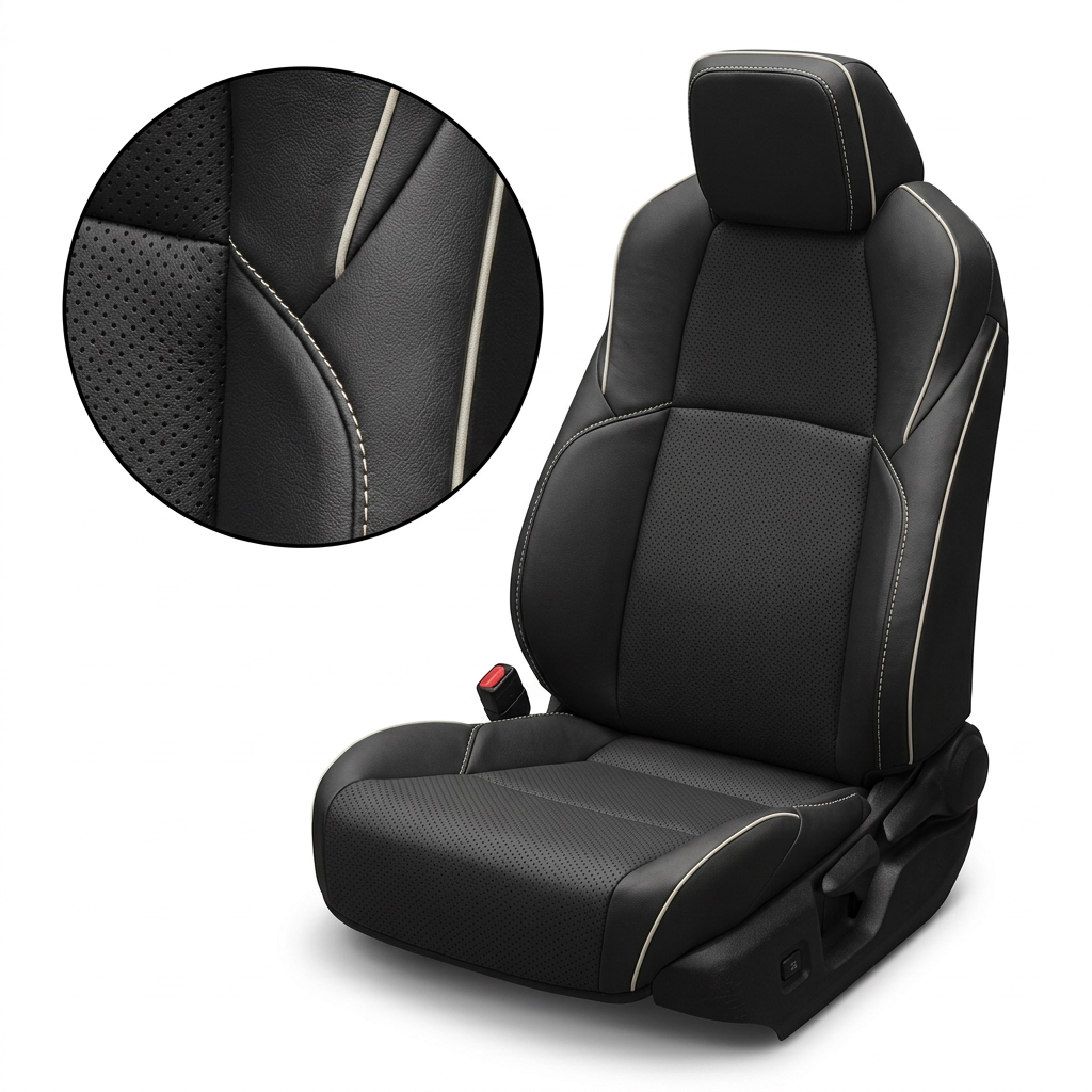 Close-up product image of a 2024–2026 Toyota Tacoma SR5/TRD/Hybrid Leatherteck leather seat upholstery kit in black with perforated black inserts, Pearl White stitching, and Pearl White piping, shown on a white background with a circular zoom inset highlighting the black leather grain, perforation pattern, double-stitched seam detail, and Pearl White edge piping.