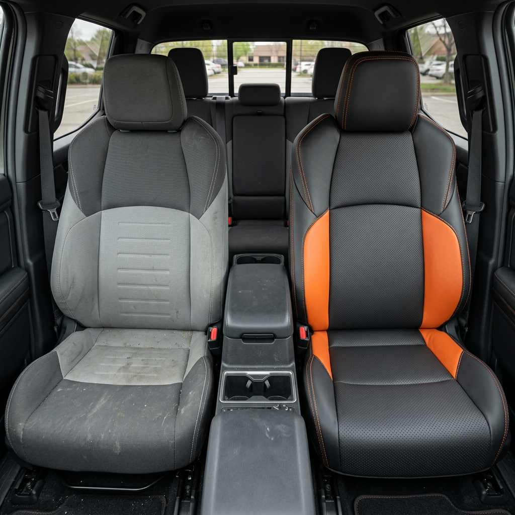 Before-and-after front in-cabin view of a 2024–2026 Toyota Tacoma SR5/TRD/Hybrid split side-by-side: the left front seat shows the factory gray cloth upholstery, while the right front seat shows the upgraded Leatherteck leather seat upholstery kit in black with perforated black inserts, Tangerine accent panels, and Tangerine stitching, with the center console, cupholders, rear bench seat, headrests, seatbelts, door panels, and floor mats visible.