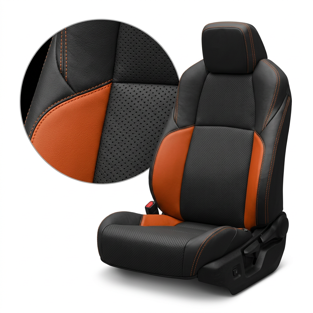  Close-up product image of a 2024–2026 Toyota Tacoma SR5/TRD/Hybrid Leatherteck leather seat upholstery kit in black with perforated black inserts, Tangerine accent panels, and Tangerine stitching, shown on a white background with a circular zoom inset highlighting the black leather grain, perforation pattern, Tangerine panel texture, and double-stitched seam detail.

