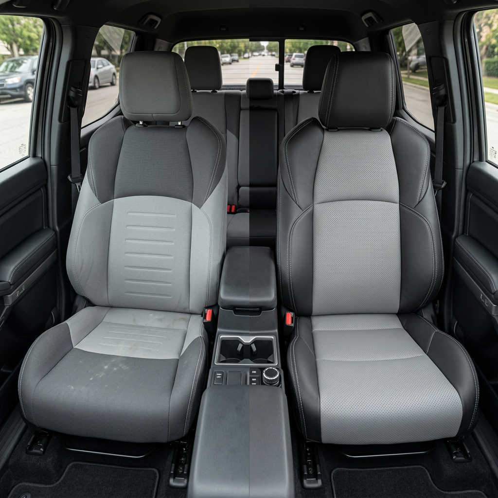 Before-and-after front in-cabin view of a 2024–2026 Toyota Tacoma SR5/TRD/Hybrid split down the middle: the left front seat shows the factory gray cloth upholstery, while the right front seat shows the upgraded Leatherteck leather seat upholstery kit in black with perforated Ice Grey inserts and Ice Grey stitching, with the center console, cupholders, rear bench seat, headrests, seatbelts, door panels, and black floor mats visible.