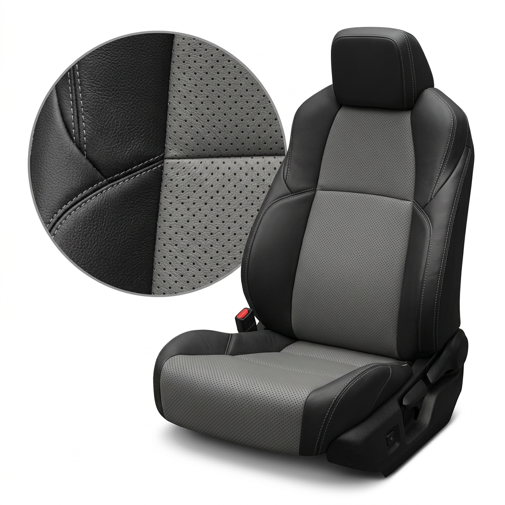  Close-up product image of a 2024–2026 Toyota Tacoma SR5/TRD/Hybrid Leatherteck leather seat upholstery kit in black with perforated Ice Grey inserts and Ice Grey stitching, shown on a white background with a circular zoom inset highlighting the black leather grain, Ice Grey perforation pattern, and double-stitched seam detail.

