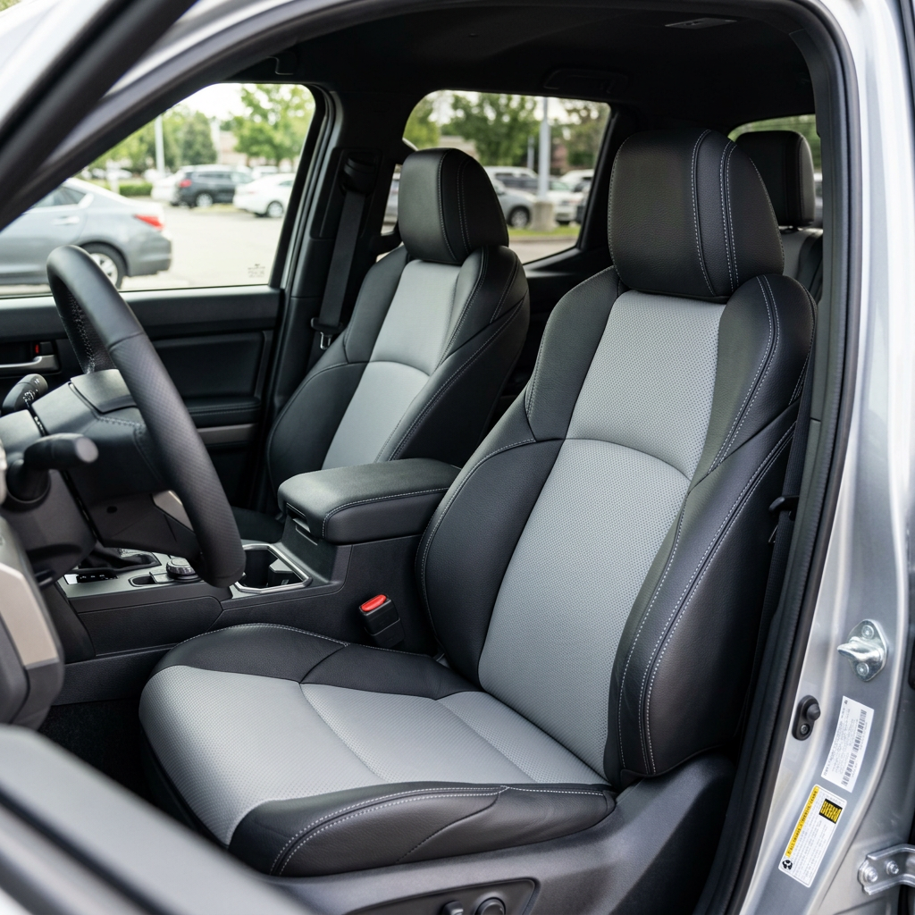 Front in-cabin view of a 2024–2026 Toyota Tacoma SR5/TRD/Hybrid with an installed Leatherteck leather seat upholstery kit in black featuring perforated Ice Grey inserts and Ice Grey stitching, shown from the open driver-side door with the front bucket seats, headrests, steering wheel, center console/armrest, cupholders, door panel, and black floor mat visible.