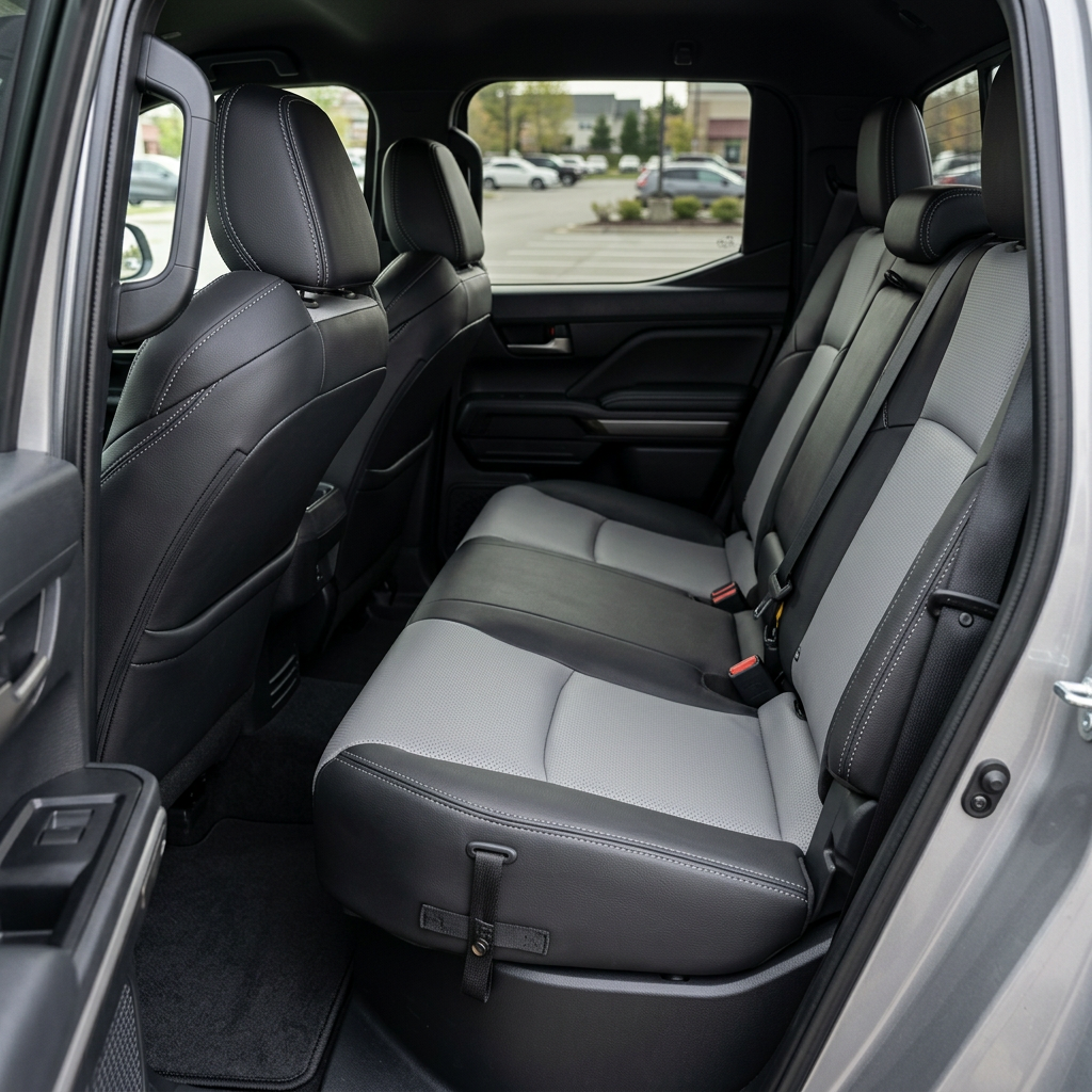 Rear in-cabin view of a 2024–2026 Toyota Tacoma SR5/TRD/Hybrid with an installed Leatherteck leather seat upholstery kit in black featuring perforated Ice Grey inserts and Ice Grey stitching, shown through the open rear door with the rear bench seat, headrests, seatbelts/buckles, front seatbacks, rear door panel, and black floor mat visible.

