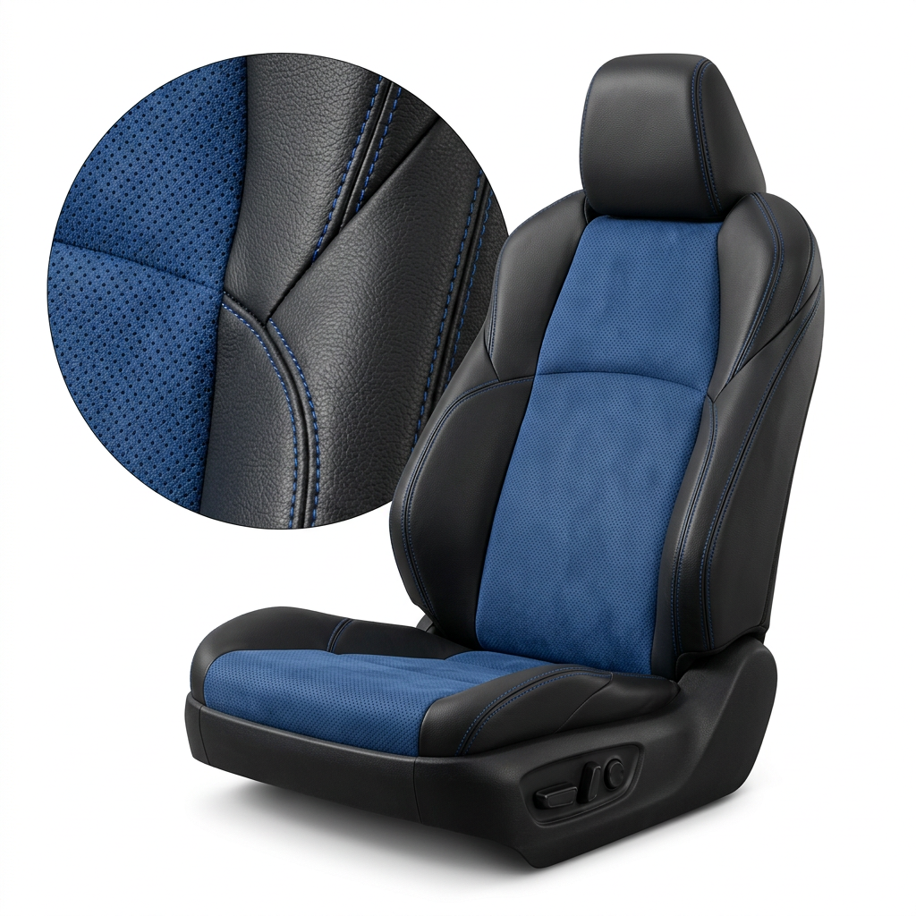 Close-up product image of a 2024–2026 Toyota Tacoma SR5/TRD/Hybrid Leatherteck leather seat upholstery kit in black with Sapphire Blue perforated automotive suede inserts and Cobalt contrast stitching, shown on a white background with a circular zoom inset highlighting the suede perforation pattern, black leather grain, and blue double-stitched seam detail.

