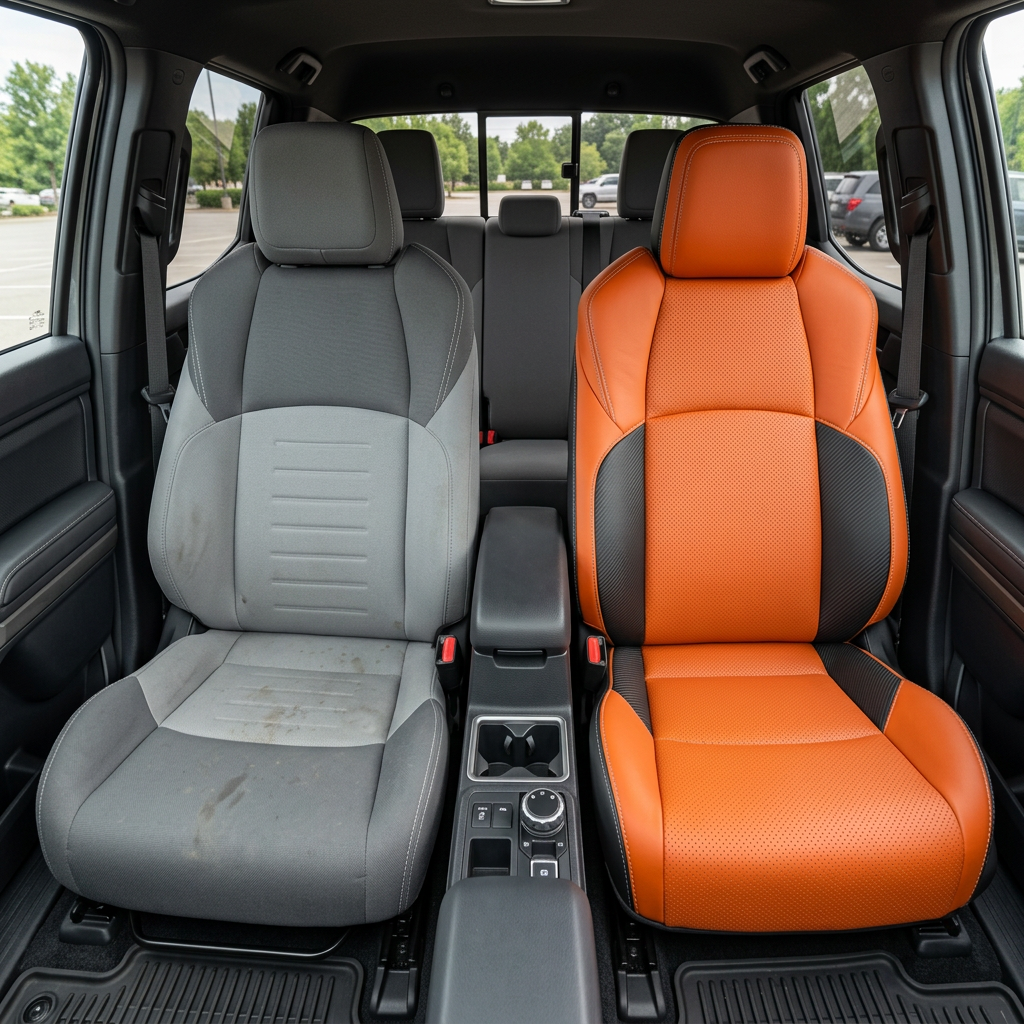 Before-and-after front in-cabin view of a 2024–2026 Toyota Tacoma SR5/TRD/Hybrid split side-by-side: the left front seat shows the factory gray cloth upholstery, while the right front seat shows the upgraded Leatherteck leather seat upholstery kit in black with Tangerine panels, Carbon Shadow accent panels, and silver stitching, with the center console, cupholders, rear bench seat, headrests, door panels, and black floor liners visible.