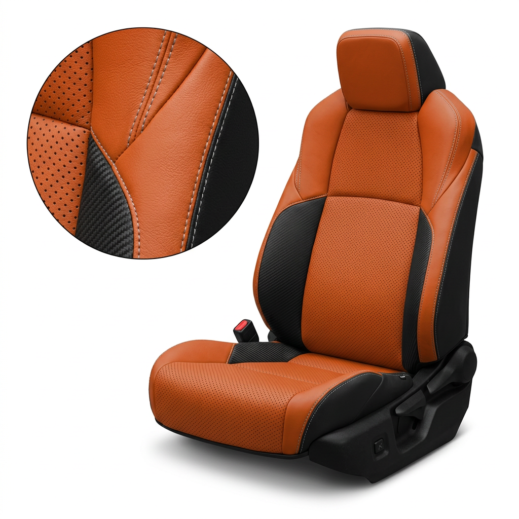 Close-up product image of a 2024–2026 Toyota Tacoma SR5/TRD/Hybrid Leatherteck leather seat upholstery kit in black with Tangerine panels, Carbon Shadow accent panels, and silver stitching, shown on a white background with a circular zoom inset highlighting the perforated Tangerine leather, Carbon Shadow texture, leather grain, and double-stitched seam detail.
