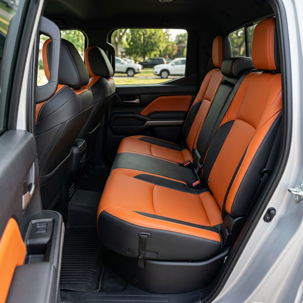 Rear in-cabin view of a 2024–2026 Toyota Tacoma SR5/TRD/Hybrid with an installed Leatherteck leather seat upholstery kit in black with Tangerine panels, Carbon Shadow accent panels, and silver stitching, shown through the open rear door with the rear bench seat, headrests, seatbelts/buckles, front seatbacks, rear door panel with Tangerine insert, rear console area, and black all-weather floor liner visible.