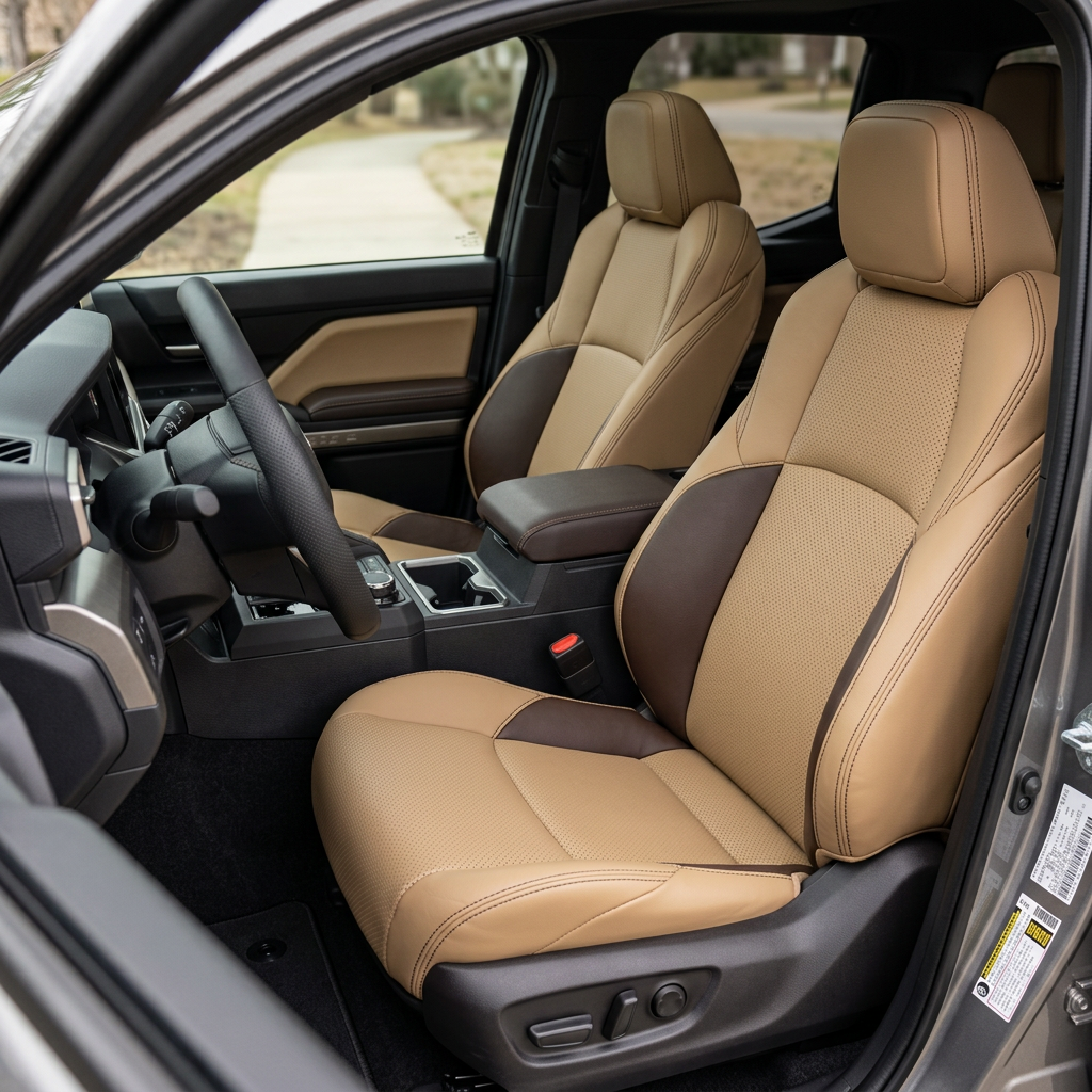 Front in-cabin view of a 2024–2026 Toyota Tacoma SR5/TRD/Hybrid with an installed Leatherteck leather seat upholstery kit in cream with perforated cream body inserts, coffee brown accent panels, and coffee brown stitching, shown from the open driver-side door with the front bucket seats, headrests, steering wheel, center console/armrest, cupholders, door panel, and black floor mat visible.