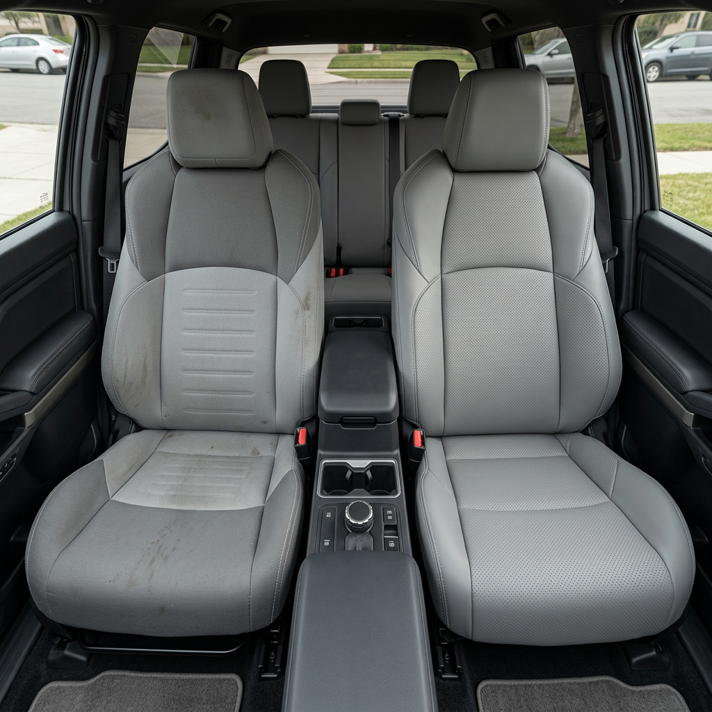 Before-and-after front in-cabin view of a 2024–2026 Toyota Tacoma SR5/TRD/Hybrid split down the middle: the left front seat shows the factory gray cloth upholstery, while the right front seat shows the upgraded Leatherteck leather seat upholstery kit in Ice Grey with perforated Ice Grey inserts, Ice Grey accent panels, and Ice Grey stitching, with the center console, cupholders, rear bench seat, headrests, seatbelts, door panels, and floor mats visible.

