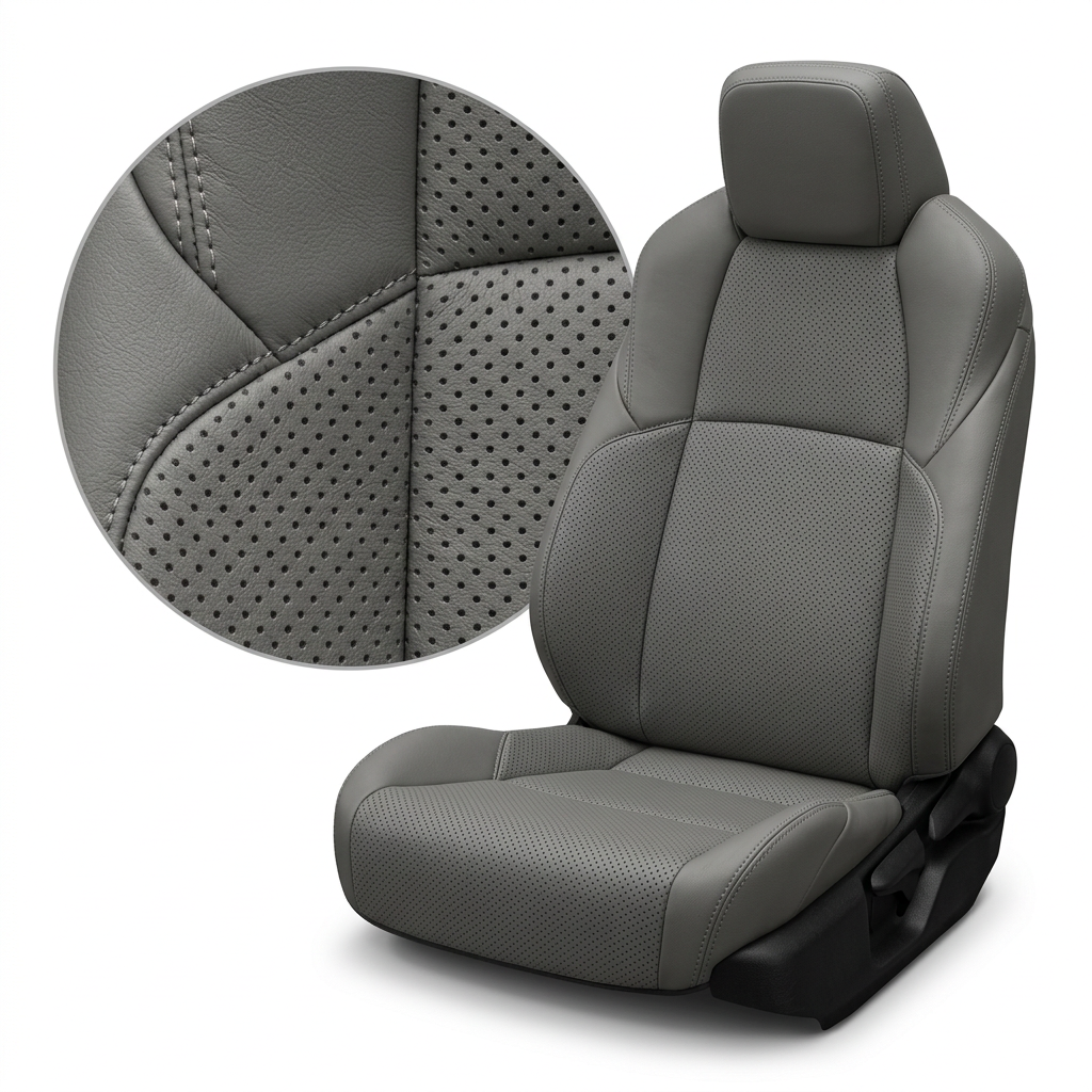 Close-up product image of a 2024–2026 Toyota Tacoma SR5/TRD/Hybrid Leatherteck leather seat upholstery kit in Ice Grey with perforated Ice Grey inserts, Ice Grey accent panels, and Ice Grey stitching, shown on a white background with a circular zoom inset highlighting the leather grain, perforation pattern, and double-stitched seam detail.

