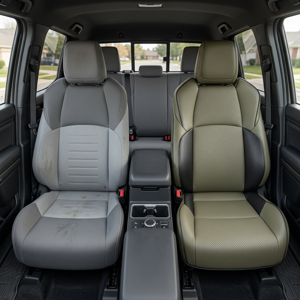 Before-and-after front in-cabin view of a 2024–2026 Toyota Tacoma SR5/TRD/Hybrid split side-by-side: the left front seat shows the factory gray cloth upholstery, while the right front seat shows the upgraded Leatherteck leather seat upholstery kit in Olive with perforated Olive inserts, carbon fiber-style black accent panels, black stitching, and black piping, with the center console, cupholders, rear bench seat, headrests, seatbelts, door panels, and black floor mats visible.