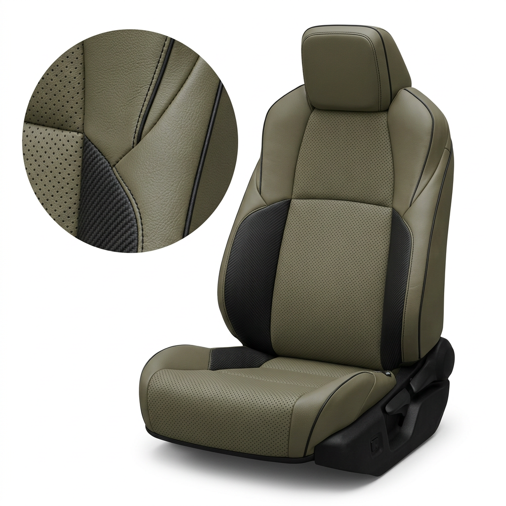 Close-up product image of a 2024–2026 Toyota Tacoma SR5/TRD/Hybrid Leatherteck leather seat upholstery kit in Olive with perforated Olive inserts, carbon fiber-style black accent panels, black stitching, and black piping, shown on a white background with a circular zoom inset highlighting the Olive leather grain, perforation pattern, carbon fiber-style texture, and stitched seam/piping detail.

