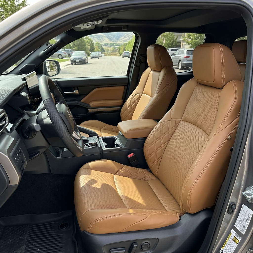  Front in-cabin view of a 2024–2026 Toyota Tacoma SR5/TRD/Hybrid with an installed Leatherteck leather seat upholstery kit in Palomino Tuscany with perforated center inserts, Mayan Gold stitching, and double diamond accent panels, shown from the open driver-side door with the front bucket seats, headrests, steering wheel, dashboard screen, center console/armrest, cupholders, door panel, and black floor mat visible.