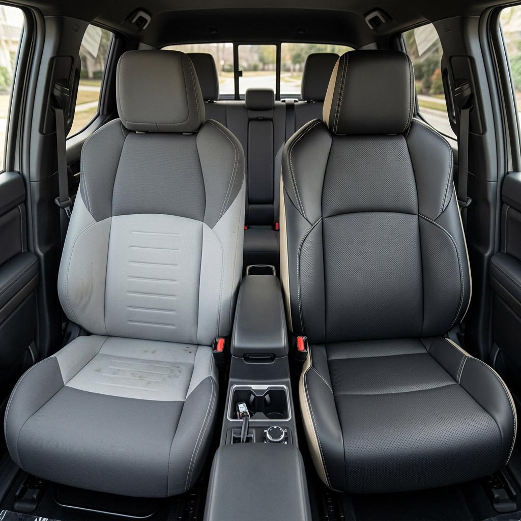  Before-and-after front in-cabin view of a 2024–2026 Toyota Tacoma SR5/TRD/Hybrid split side-by-side: the left front seat shows the factory gray cloth upholstery, while the right front seat shows the upgraded Leatherteck leather seat upholstery kit in Pearl White with black facing panels, perforated black inserts, and Pearl White stitching, with the center console, cupholders, gear shifter, rear bench seat, headrests, seatbelts, door panels, and black floor mats visible.