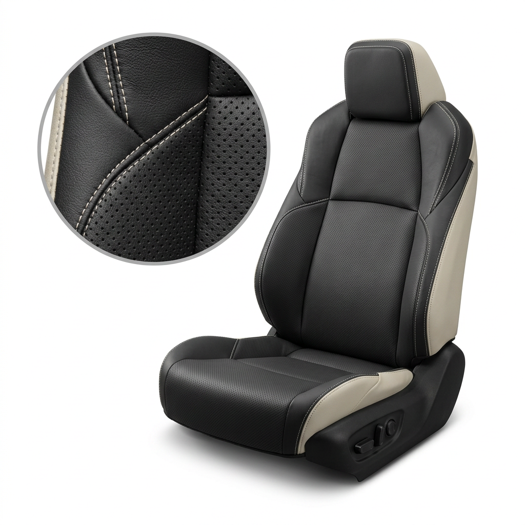 Close-up product image of a 2024–2026 Toyota Tacoma SR5/TRD/Hybrid Leatherteck leather seat upholstery kit in Pearl White with black facing panels, perforated black center inserts, and Pearl White stitching, shown on a white background with a circular zoom inset highlighting the black leather grain, perforation pattern, Pearl White side panel, and double-stitched seam detail.