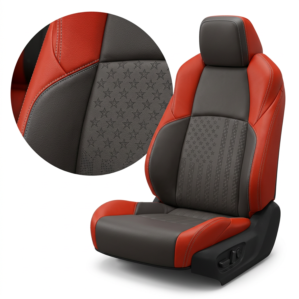  Close-up product image of a 2024–2026 Toyota Tacoma SR5/TRD/Hybrid Leatherteck leather seat upholstery kit in Salsa red with Dark Graphite inserts, silver contrast stitching, and perforated US flag-pattern center inserts, shown on a white background with a circular zoom inset highlighting the star-and-stripe perforation pattern, leather grain, and double-stitched seam detail.