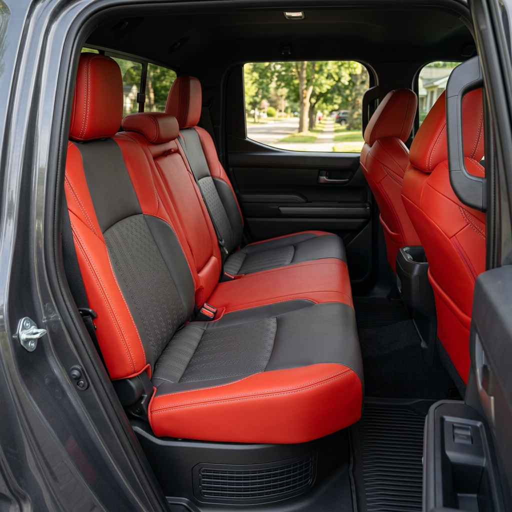 Rear in-cabin view of a 2024–2026 Toyota Tacoma SR5/TRD/Hybrid with an installed Leatherteck leather seat upholstery kit in Salsa red with Dark Graphite inserts, silver contrast stitching, and perforated US flag-pattern insert panels, shown through the open rear door with the rear bench seat, headrests, seatbelts/buckles, front seatbacks, rear door panel, and black floor liner visible.
