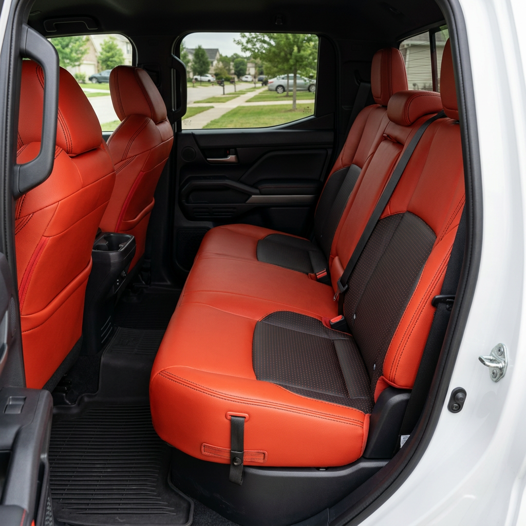  Rear in-cabin view of a 2024–2026 Toyota Tacoma SR5/TRD/Hybrid with an installed Leatherteck leather seat upholstery kit in Salsa Red featuring square-perforated Red inserts, Red accent panels, and Black stitching, shown through the open rear passenger-side door with the rear bench seat, headrests, seatbelts/buckles, front seatbacks, rear door panel, rear console cupholder area, and black all-weather floor liner visible.